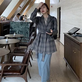 

high quality woolen jacket women blazer long sleeve vintage plaid coat belt ladies blazer outwear spring fashion P738