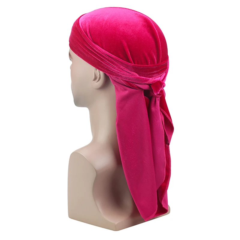 Новое поступление бархат с длинным шлейфом для девочек на Durag Для мужчин в стиле «хип-хоп» тюрбан Для женщин Кепка chemo дышащие мягкие однотонные Цвет пиратская шляпа банданы Головные уборы