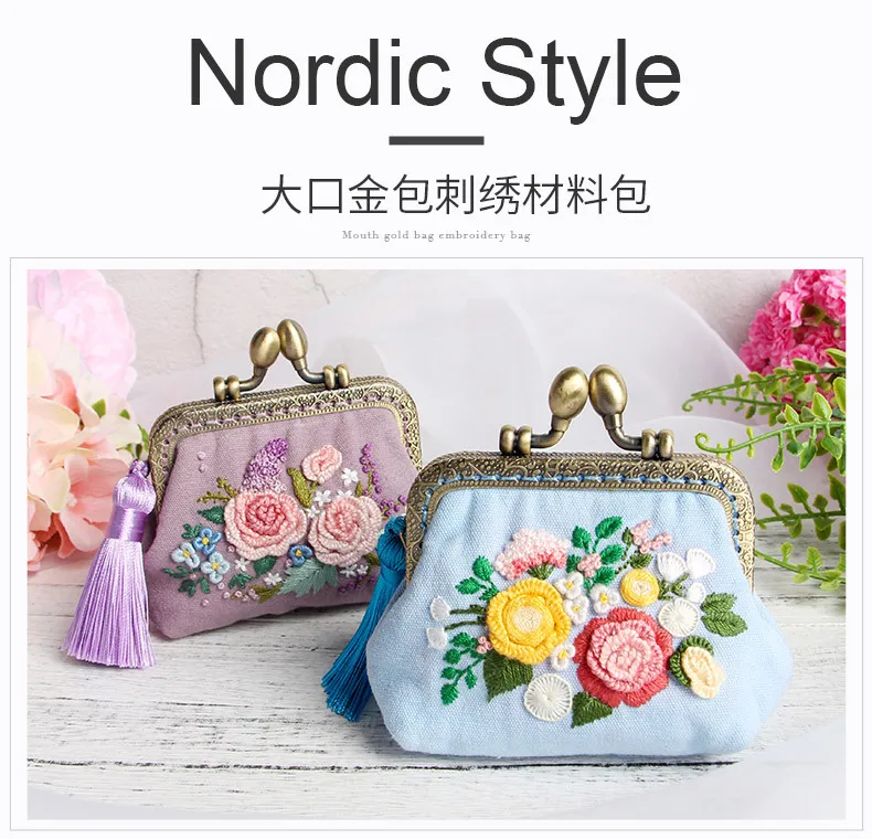 Embroidery DIY Ribbon Flowers Bags Purse Wallet Handbag, Cross Stitch Kit for Beginner Needlework Sewing Arts Craft Friend Gifts-7