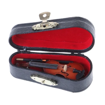 

7CM Mini Violin Miniature Musical Instrument Wooden Model with Support and Case