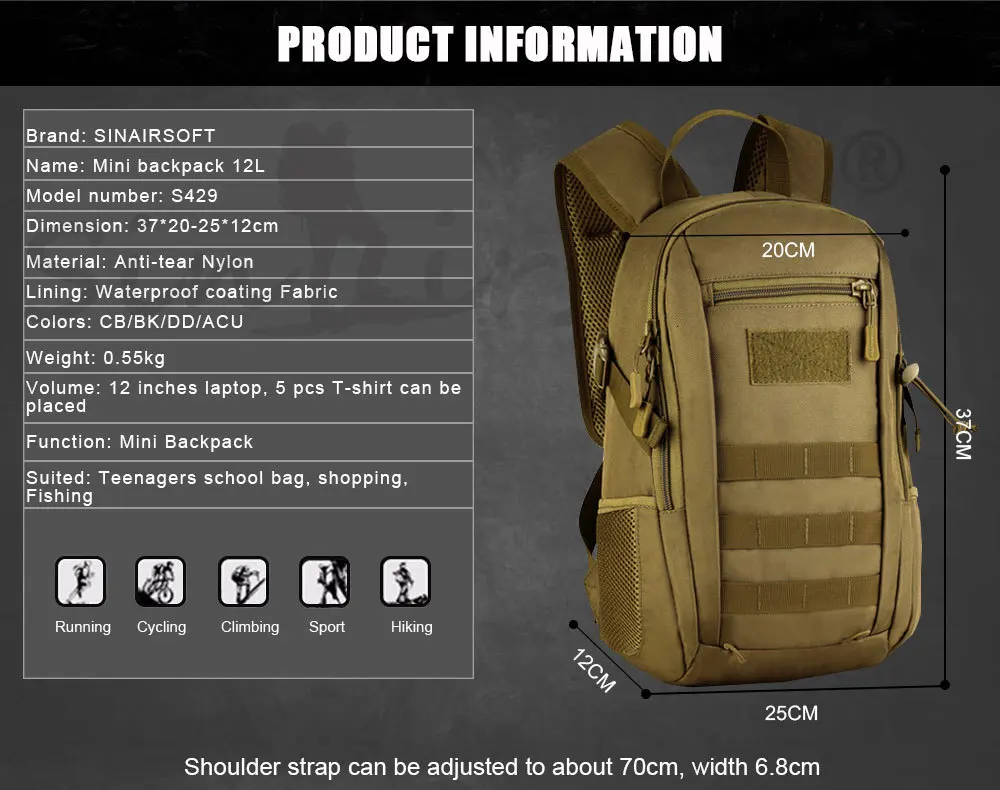 SINAIRSOFT военный тактический рюкзак камуфляж 12L маленькая сумка Открытый Coyote Охота Туризм Треккинг Рюкзак Унисекс LY0091