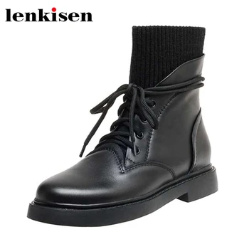 

Lenkisen genuine leather round toe med heel knitting boots Korean street beauty lady dating charming winter hot ankle boots L21