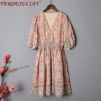 

VERDEJULIAY Runway Fashion Printed Dress 2020 Spring Autumn Women's Half Lantern Sleeve Floral Print V-Neck Casual Mini Dress