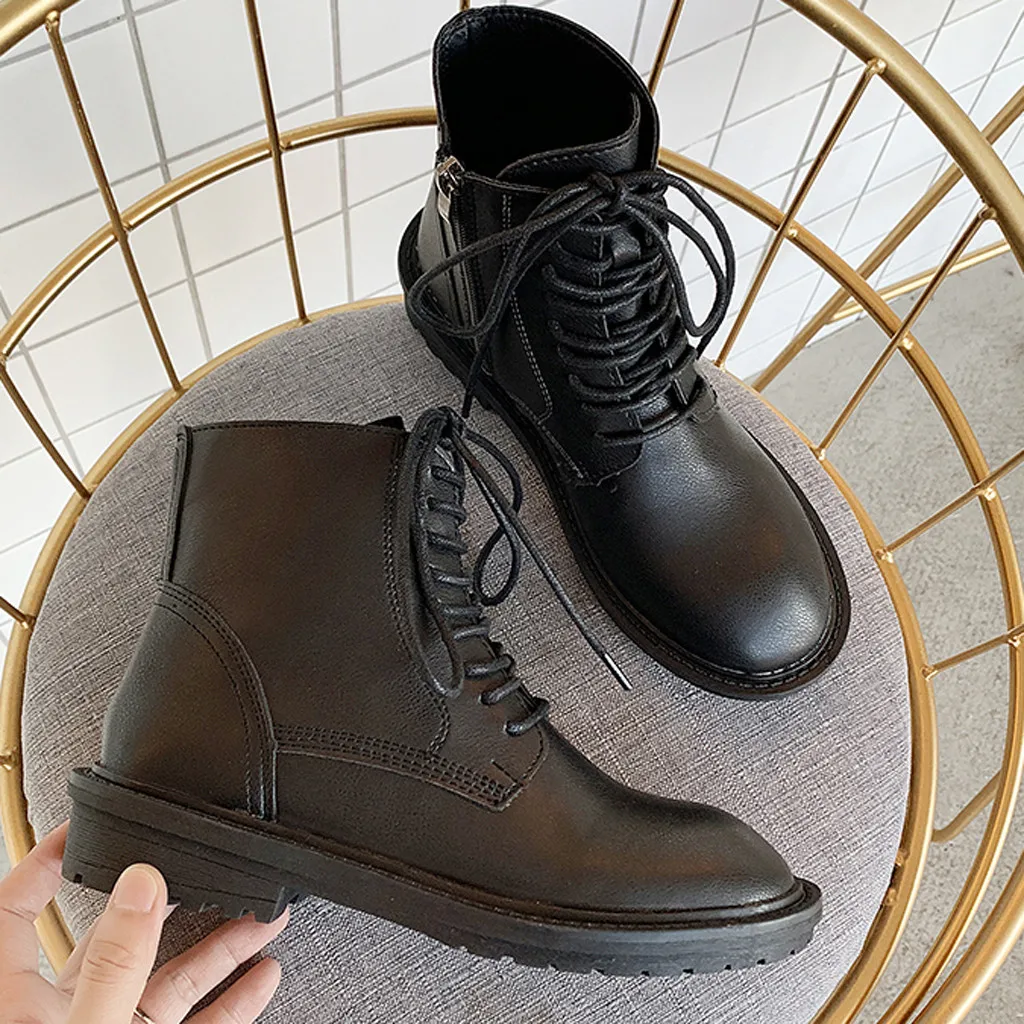 

PU Leather Ankle Boots For Women Fashion Leisure Lace-Up Zipper Boots Round Toe Chunky Square Heels Short Boots Black Shoes