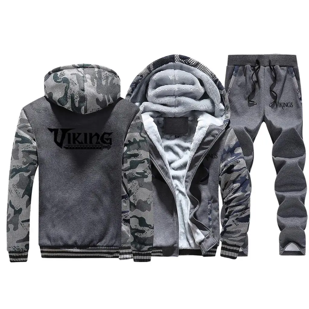 VIKINGS спортивный костюм, теплый костюм, флисовая толстовка с капюшоном, Мужская камуфляжная куртка, Мужская зимняя Модная брендовая куртка+ штаны, комплекты из 2 предметов - Цвет: Dark Gray 1