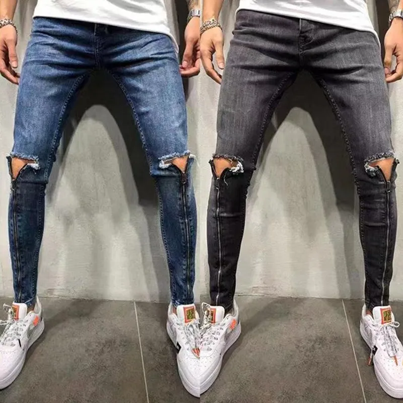 Мужская одежда с дырками в стиле хип-хоп спортивные штаны обтягивающие джинсовые мотоциклетные брюки дизайнерские черные джинсы на молнии мужские повседневные брюки
