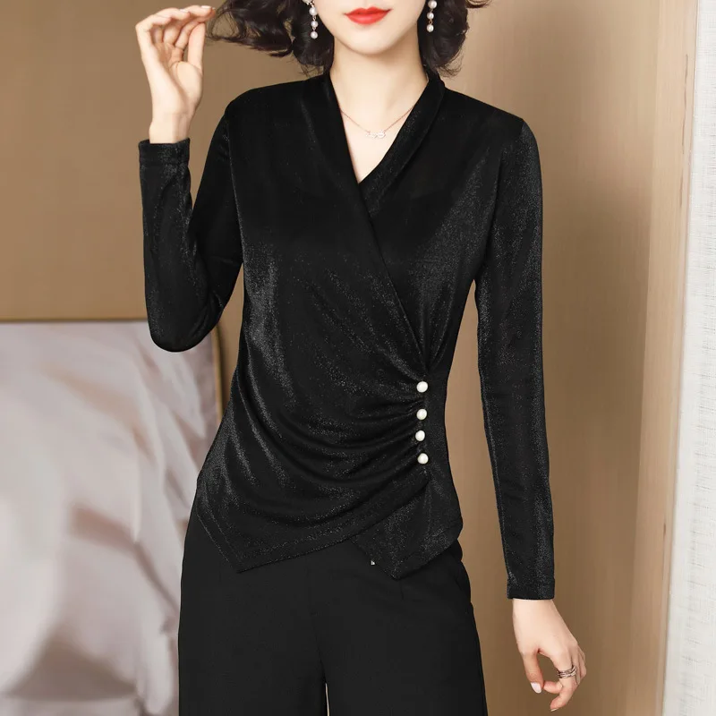 Top Women's Autumn New Elegant Fashion V-neck Long-sleeved Beaded Slim Bottoming Black T-shirt Female S-XL