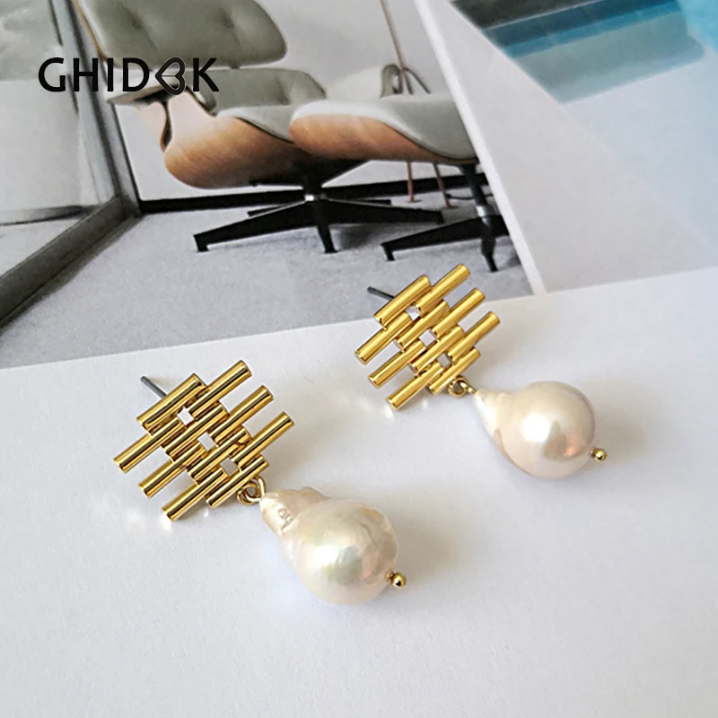 

GHIDBK Baroque Freshwater Pearl Stud Earrings Personalized Hollow Bar Statement Studs Minimalist Handmade Earring Trendy Jewelry