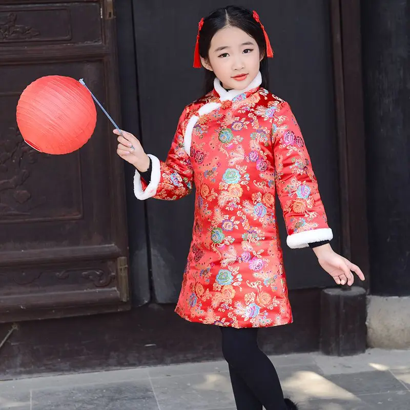 Chinese New Year Girls Traditional Cheongsam Winter Velvet Thicken Warm Kids Coat Pattern Printed Children Outwear 4-10T