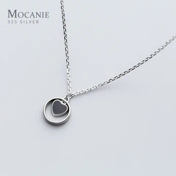 

Mocanie Authentic 925 Sterling Silver Geometric Round Black Enamel Heart Pendant Necklace for Women Link Chain Fine Jewelry Gift