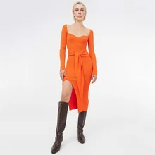 Robe asymétrique en tricot Orange pour femmes, automne/hiver, col carré, nœud papillon, bande, fente latérale, moulante, couleur unie, tenue en tricot côtelé 