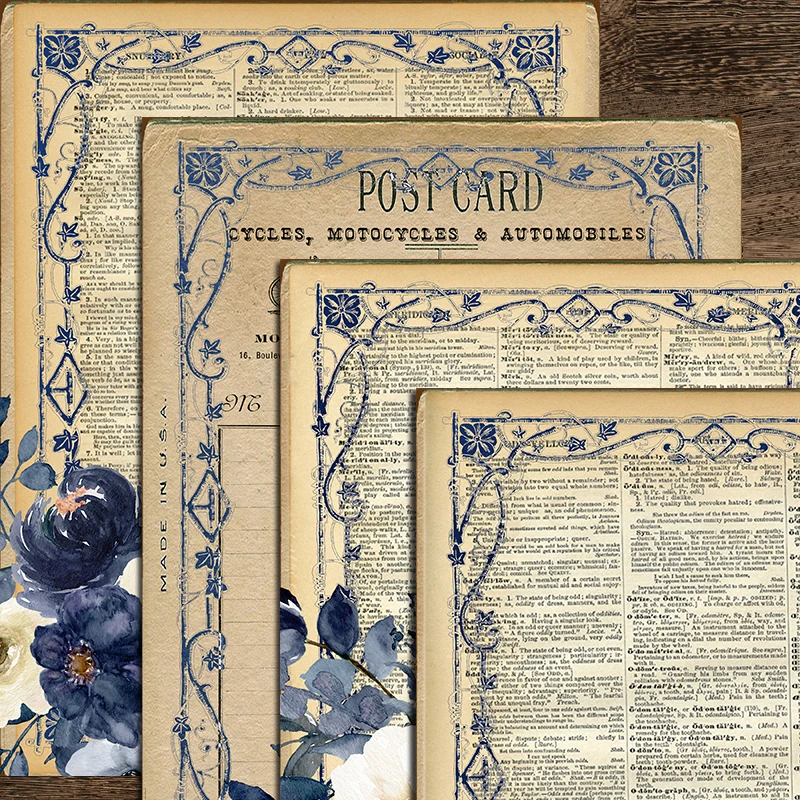 Blue Flower Lace Old Page Material Stickers Junk Journal Background Decoration DIY Scrapbooking Vintage Craft Sticker