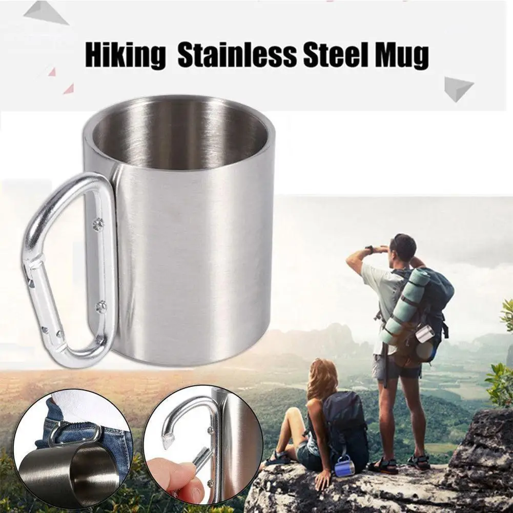 Outdoor Food Degree Stainless Steel Water Tea Coffee Mug Self Lock Carabiner Handle Cup For Camping Travelling Climbing Outdoor Food Degree Stainless Steel Water Tea Coffee Mug Self Lock Carabiner Handle Cup For Camping Travelling Climbing