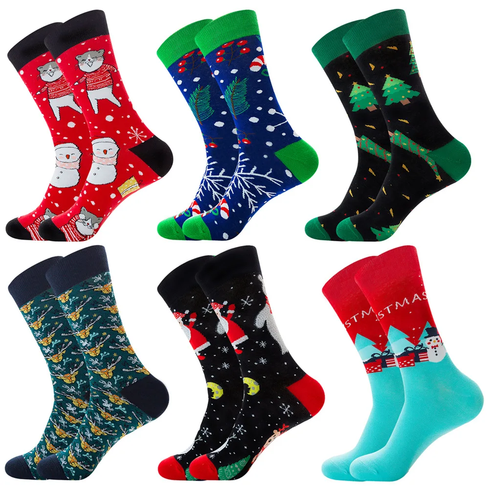 SANZETTI Men?s Colorful Happy Socks Combed Cotton New Year Santa Claus Tree Snow Elk Christmas Socks Dress Breathable Gift Socks