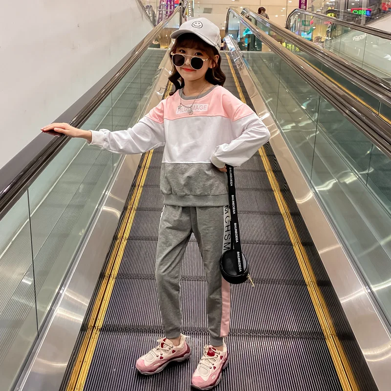 

Girl'S Suit Spring Clothing New Style Girls Sports Two-Piece Set Big Boy Lettered Crew Neck Mixed Colors Set Childrenswear