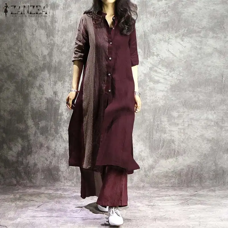 ZANZEA Women Autumn Cotton Linen Trousers Casual Wide Leg Pants Elastic Waist Color Block Pantalon Vintage Palazzo Streetwear 7