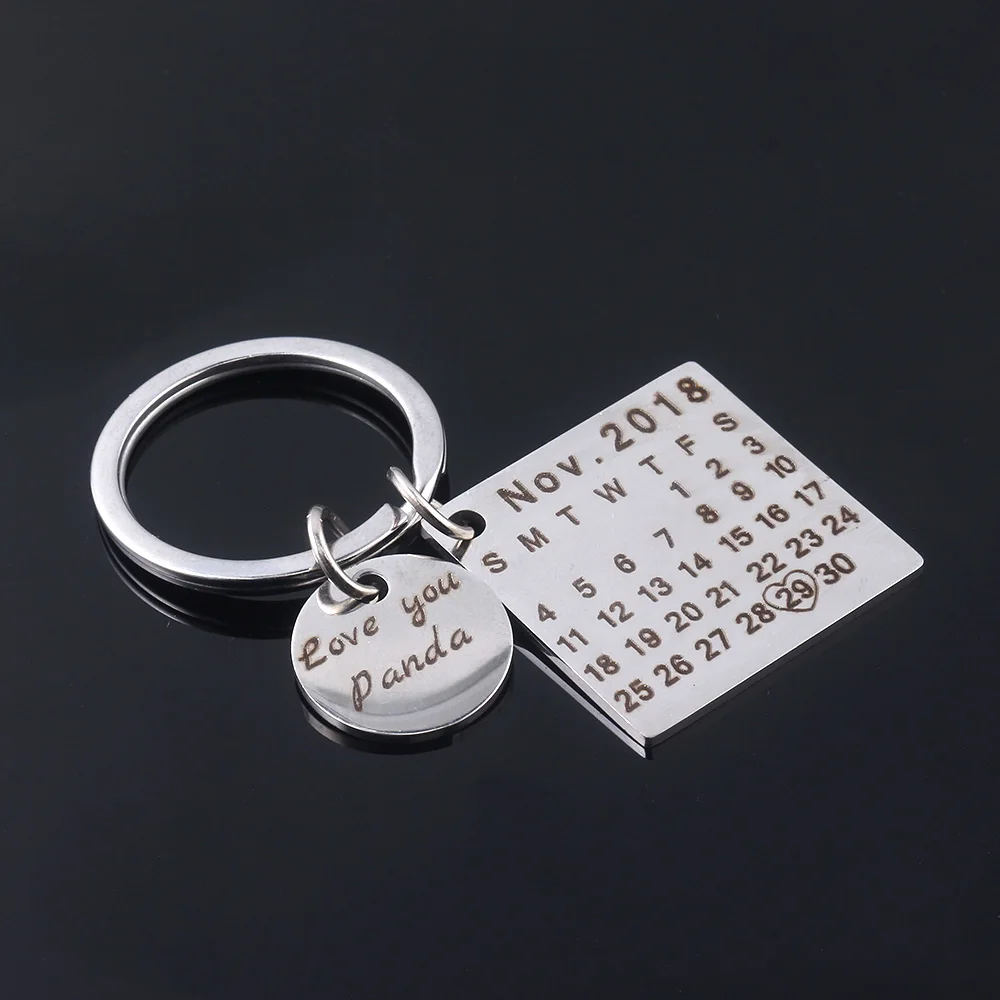 

Customized Double Sided Calendar Keychain Engraved Heart Date Name Stainless Steel Keyring for Lover Valentine's Day Jewelry