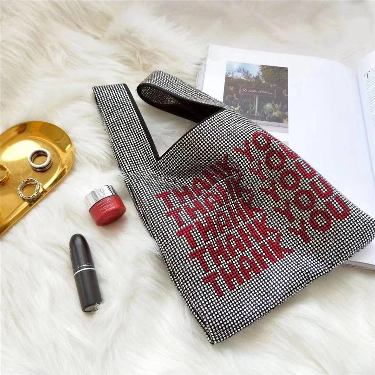 Thank You Sequins Bags Women Small Tote Bags Crystal Bling Bling Fashion Lady Bucket Handbags Vest Girls Glitter Purses Brand