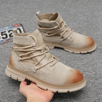 

Men's Martin Boots New 2019 Spring Autumn Fashion High Shoes Pig Leather Lace-up Desert Boots Korean Version Tooling Boots Men