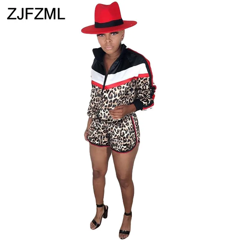 

Sexy Leopard Spliced Two Piece Short Sets for Women Long Sleeve Standing Collar Striped Zipper Up Coat + Biker Shorts Autumn Set