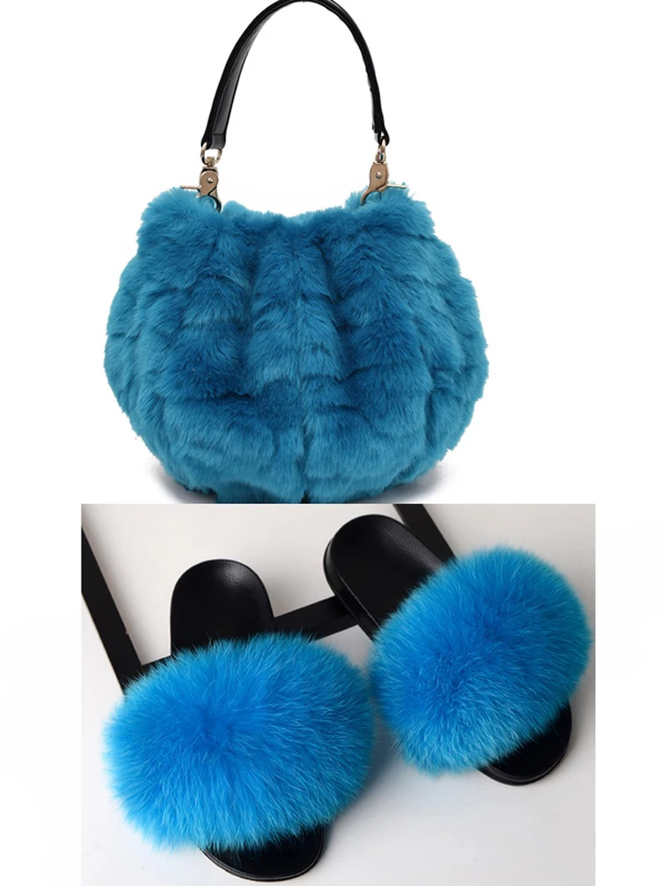 Women's Casual Plush Slippers Bag Set Ladies Pumpkin Cute Furry bag Real Fox Fur Slippers Set Elegant Dating Fluffy Slides Purse