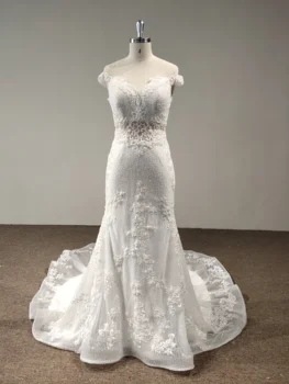 

wedding dress mermaid trumpet off-shoulder v neck beaded luxury bridal dress