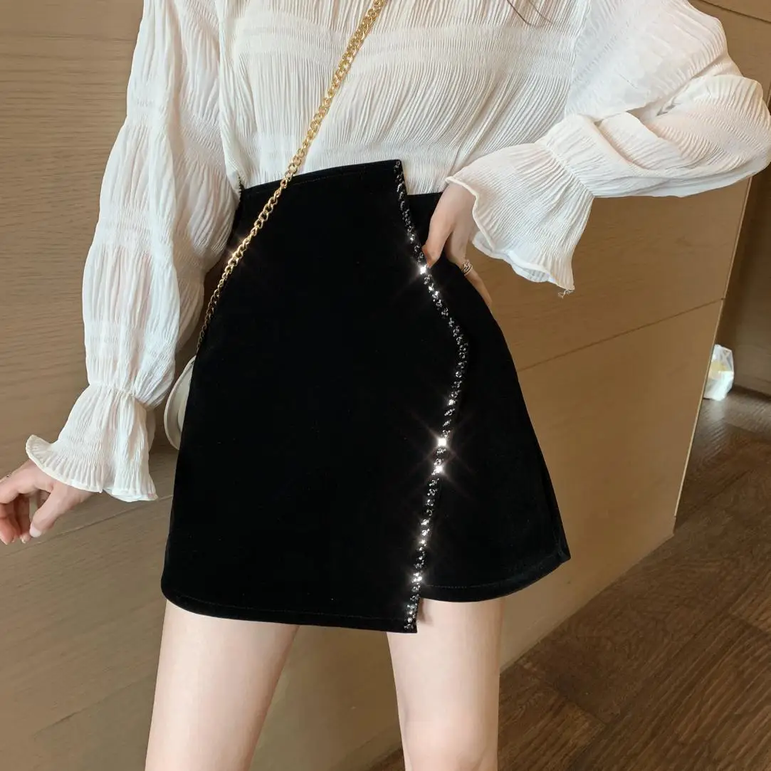 Ins CHIC Europe French Irregular Velvet Hand Bead Rhinestone Woman Velour Mini Skirt High Waist Bodycon Lady Bottom Black Winter