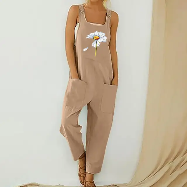 Womens Dungarees Print Rompers 2021 Summer New Ladies Casual Loose Linen Cotton Jumpsuit Sleeveless Pocket Overalls Playsuit 3A1892-Pink