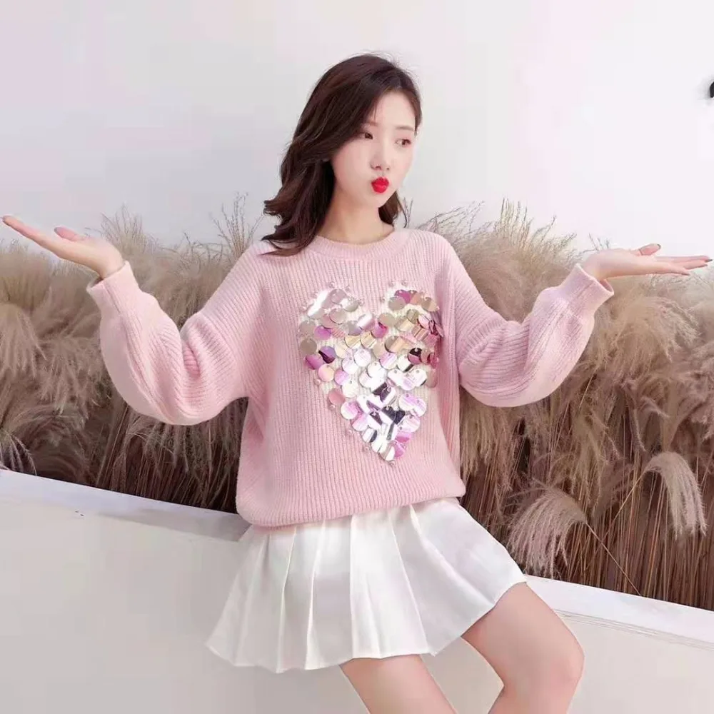 SexeMara fashion The New Loose Long sleeve Sleeve Sequin Beading knitting Sweater free shipping