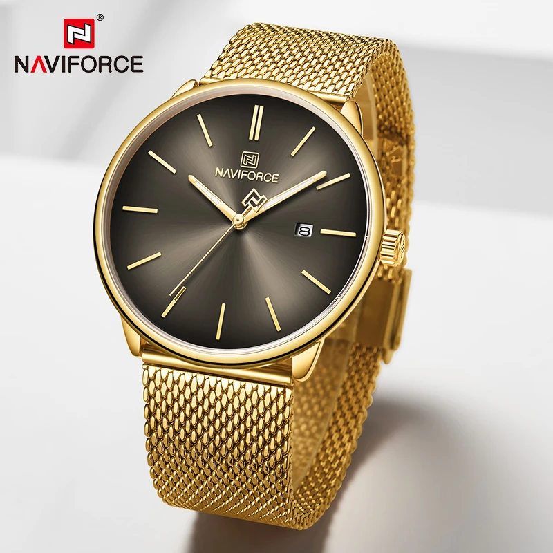 Роскошные часы для влюбленных NAVIFORCE для мужчин и женщин, простые повседневные кварцевые наручные часы, водонепроницаемые золотые часы, пара часов, подарки