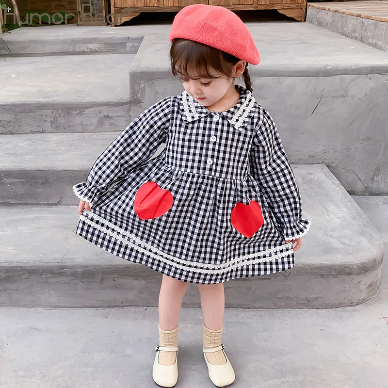 

Humor Bear Spring Autumn Girls Dress Love Bell sleeve Lace Long Sleeve Student Dress Party Princess Kids Children's Clothing