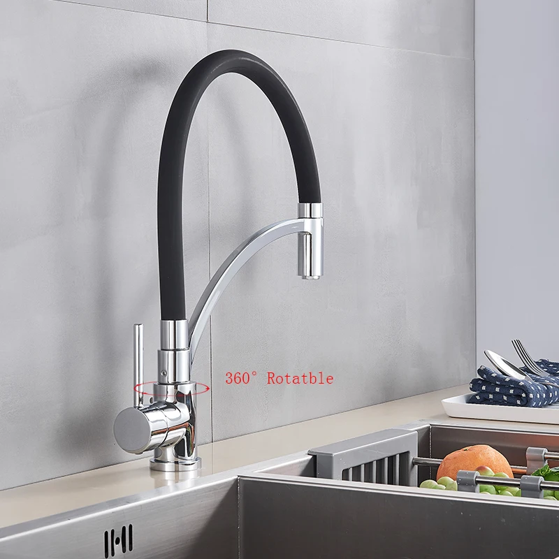 ChromeKitchen Faucet  Rotatable  Deck Mounted Ceramic Valve Hot and Cold Mixer Tap  Stainless Steel Black  Rotate at Any Angle,