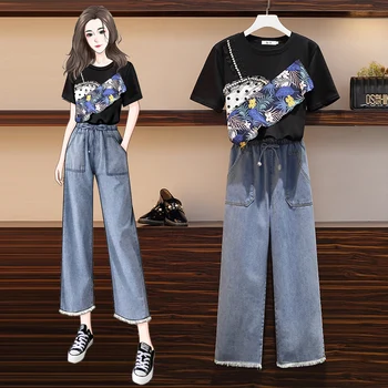 

Summer Jeans Two piece Set Women Loose Beading Print Ruffles Tshirt and Elastic Waist Wide leg Denim Trousers Suit For Women