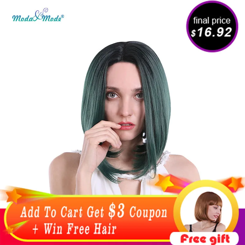 

Moda&Mode Short Silk Straight Bob Lace Wig 14Blonde Black Green Synthetic Lace Front Wig for women Middle Part Heat Resistant