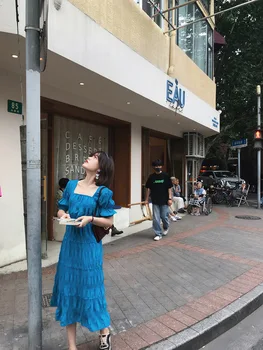 

SRK Blue Pleated Square Collar Dress Lace-up Female 2020 New Style Summer Mid-length A- line French Cake Dress