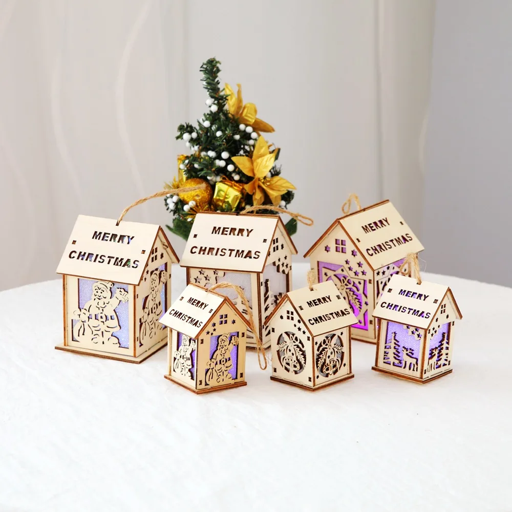 Wood House Cute Christmas Xmas Tree Hanging Ornaments Light Christmas House Design Decoration for Home Hanging Pendant