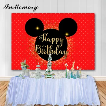 

InMemory Gold Glitter Mouse Birthday Backdrop Photography Red Cartoon Birthday Party Decoration Customize Child Photo Backdrop