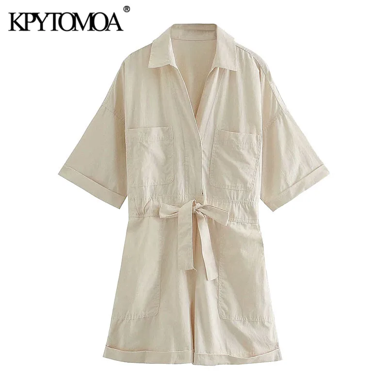 KPYTOMOA 2020 mujeres de moda Chic con bolsillos suelto Mujer Vintage ajustable atado atrás elástico monos cortos para Mujer