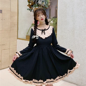 

Cute Lolita Dresss Japanese Soft Girl Ruffles Bow Gothic Black Dress Long Sleeve Knee-Length Sweet Dress Spring Women Clothing
