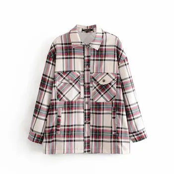 

Women's red and white plaid jacket 2019 new casual college wind student loose pocket wild plaid jacket