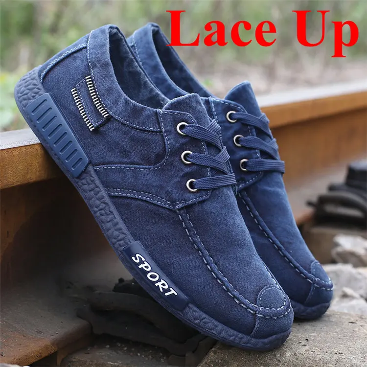 Blue lace up Модная мужская парусиновая обувь; Мужская Летняя Повседневная обувь из джинсовой ткани; мужские кроссовки; Лоферы без застежки; мокасины для вождения; chaussure homme; Цвет Черный - Цвет: Blue lace up