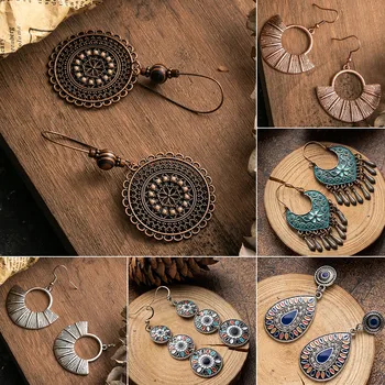 

Bohemia Hollow Leaves Round water droplet Dangle Earrings for women Vintage Long Tassel Wood beads earrings Ethnic jewelry