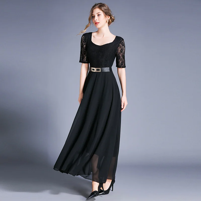 Летнее Черное длинное шифоновое кружевное платье-качели Vestidos Mujer Verano 2020 женское