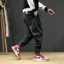 Fashion Streetwear Men Jeans Vintage Black Spliced Design Denim Cargo Pants Harem Jeans Japanese Style Hip Hop Jogger Jeans Men