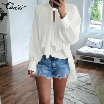 

Celmia Women Stylish Blouses 2020 Autumn Ruffles V Neck Long Sleeve Female Shirts Bow Tie Plus Size Tops Asymmetrical Blusas 5XL
