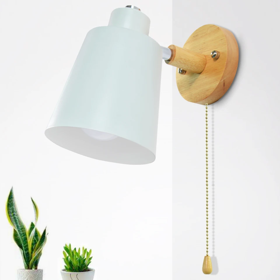 Modern wooden wall lights bedside wall lamp E27 with Zipper switch sconce Nordic wall light for bedroom macaroon 5 color 85-285V