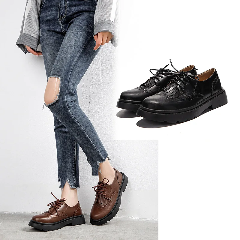 

2019 Summer Flat Lace-up INS Small Leather Shoes Women's British-Style Retro Trendy Shoes College Black And White with Pattern B