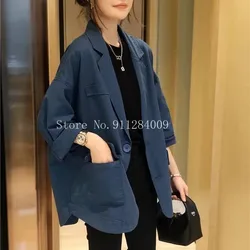 Nova primavera/outono estilo europeu feminino casual solto manga raglan entalhado collar blazers único breasted blazer de algodão w315