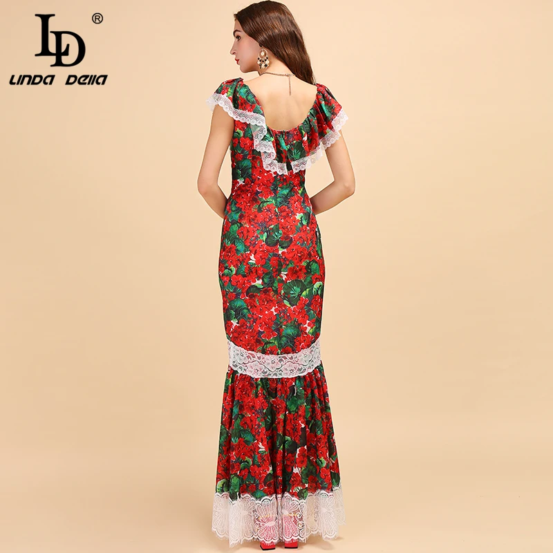 LD LINDA DELLA Fashion Runway Summer Maxi Long Dress Women's Lace Ruffles Floral Print Elegant Holiday Mermaid Party Dress Gown