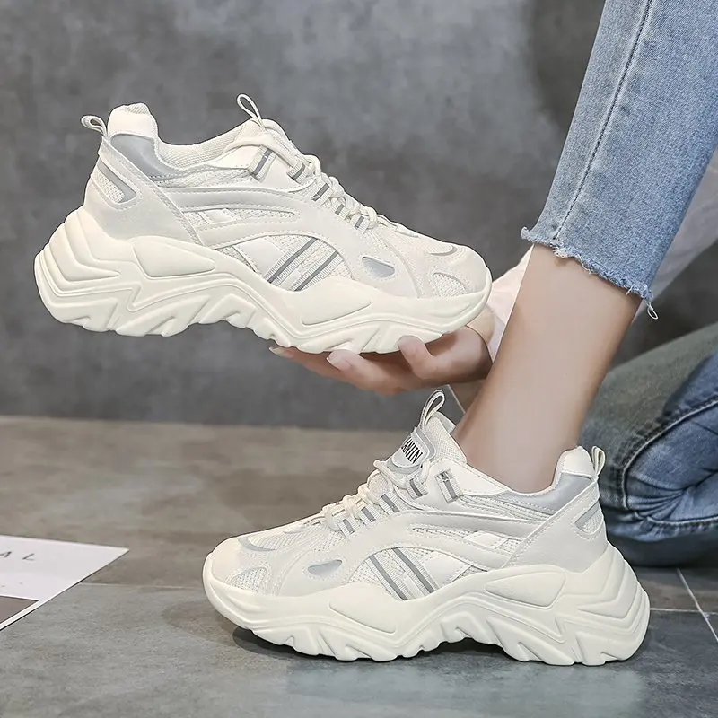 Zapatillas de deporte gruesas con plataforma para mujer, Zapatos informales con cordones, vulcanizados, para otoño, 21
